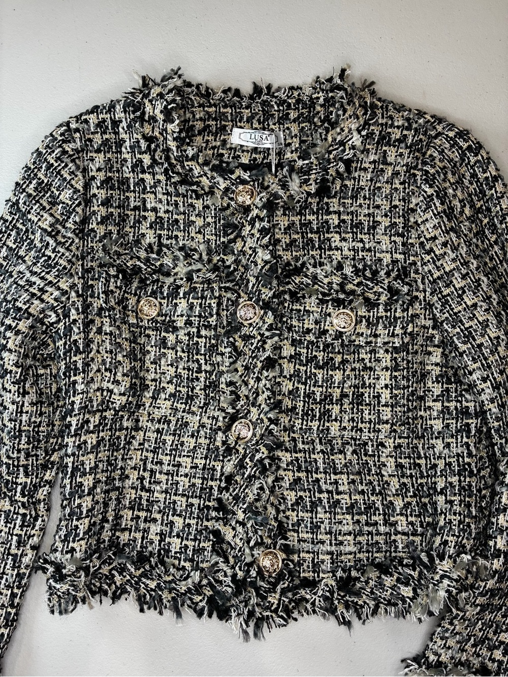 Women's LUSA Paris Black/Cream/Gold Tweed Frayed Edge Cropped Blazer - size S/M - Picture 10 of 12